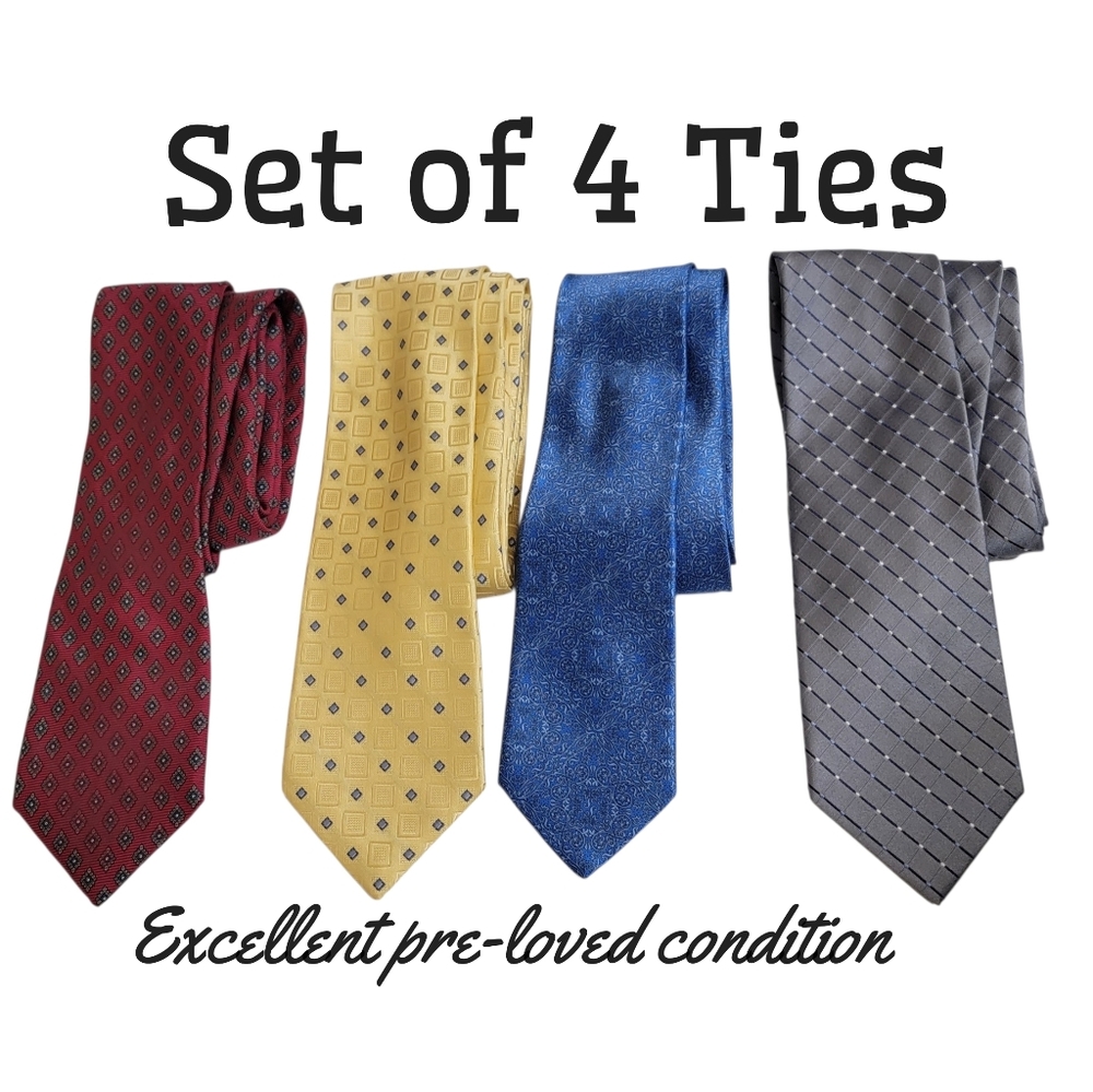 ELEGANT MEN'S SET OF 4 TIES- RED, YELLOW, BLUE & GRAY PATTERNED